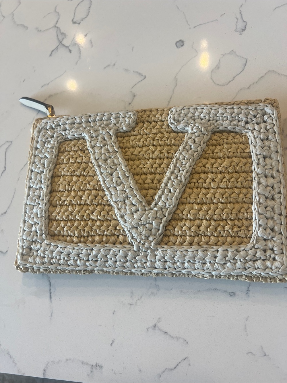 Woven Straw Clutch with Raised V Accent - Natural & Cream
Valentino